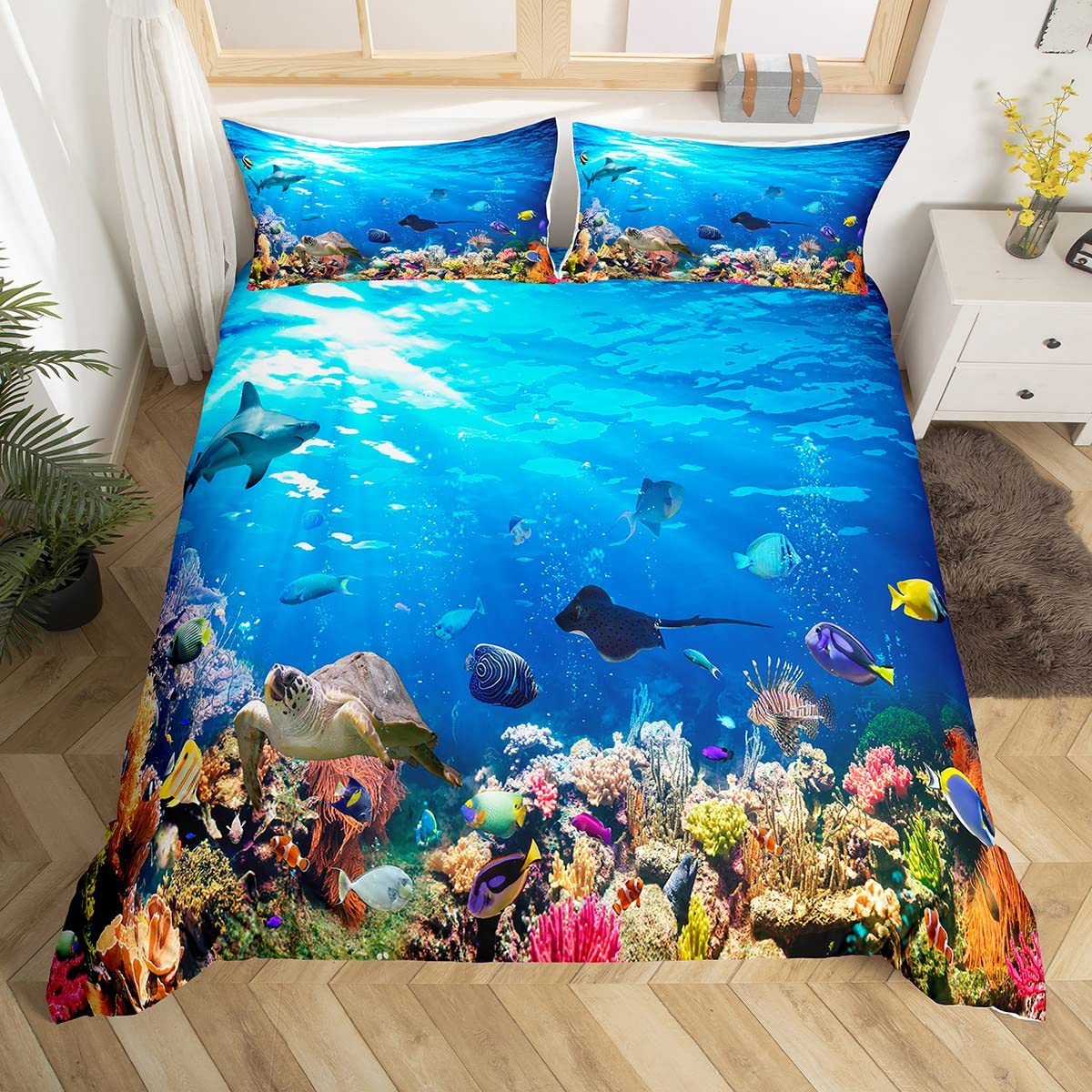 Ocean Decor 寝具セット カートゥーン かわいいイルカ ウミガメ 掛け布団カバー 子供 男の子 女の子 海洋生物 海をテーマにした布団カバー  ハワイアンシーライフ ベッドカバー 枕カバー2枚付き 寝具3点セット クイーン